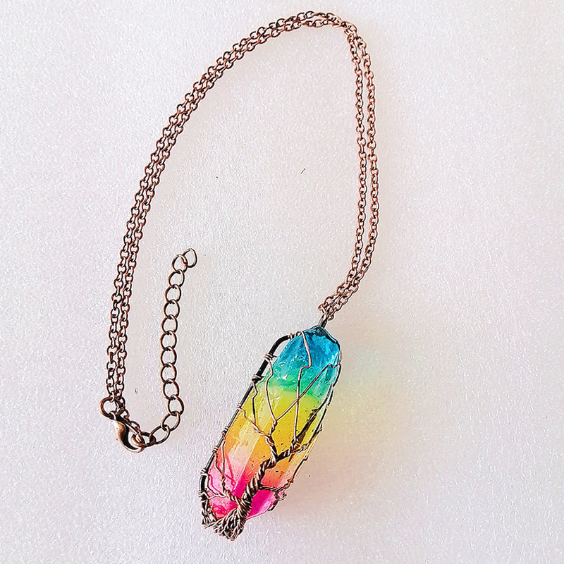 Hot Selling Stone Crystal Pillar Tree of Life Pendant Ins Fashion Necklace