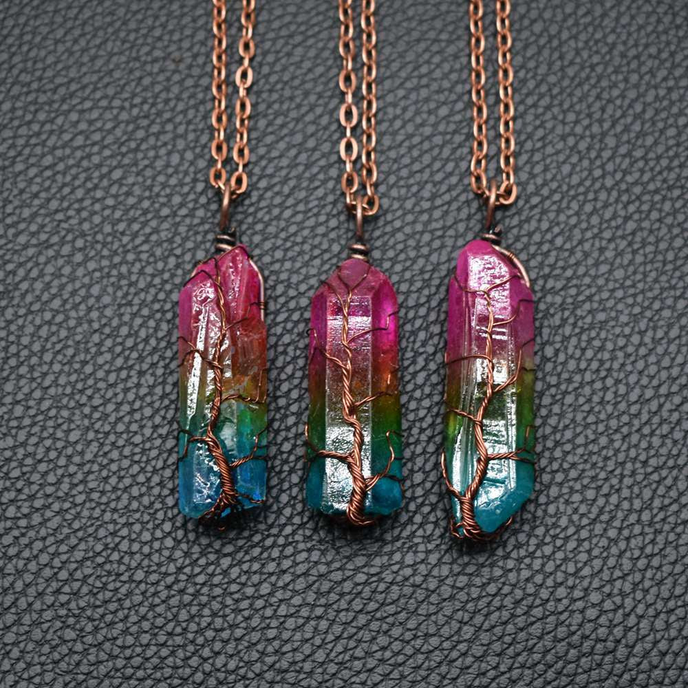 Hot Selling Stone Crystal Pillar Tree of Life Pendant Ins Fashion Necklace