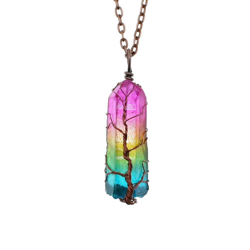 Hot Selling Stone Crystal Pillar Tree of Life Pendant Ins Fashion Necklace