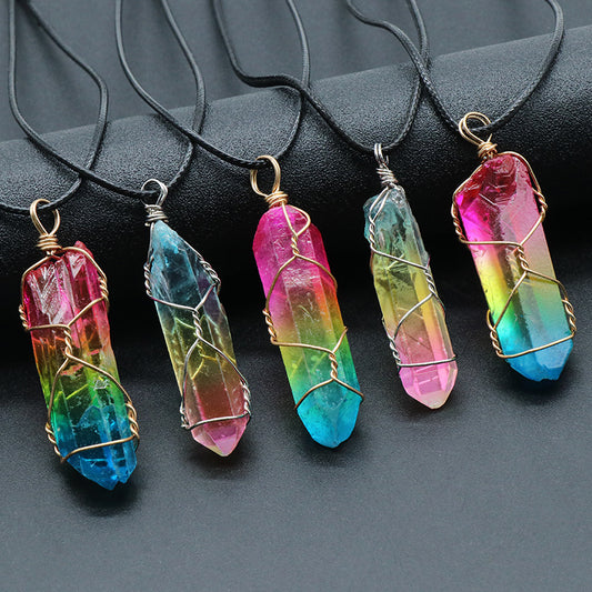 Hot Selling Stone Crystal Pillar Tree of Life Pendant Ins Fashion Necklace