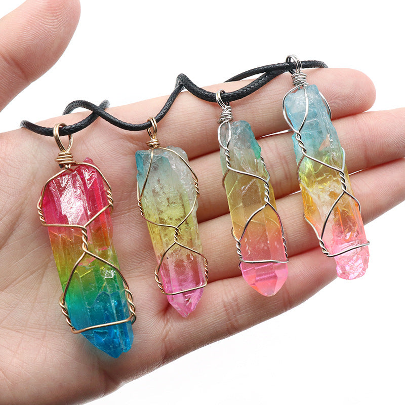 Hot Selling Stone Crystal Pillar Tree of Life Pendant Ins Fashion Necklace