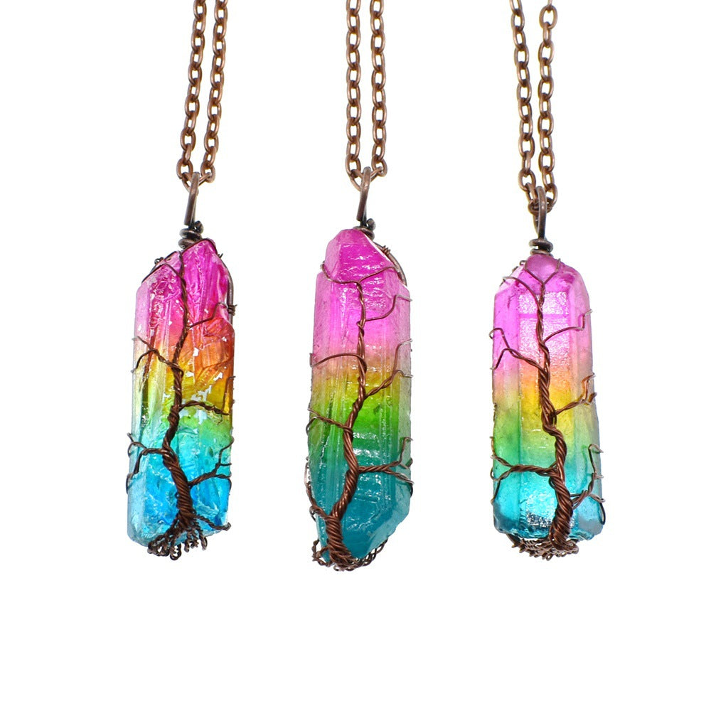 Hot Selling Stone Crystal Pillar Tree of Life Pendant Ins Fashion Necklace